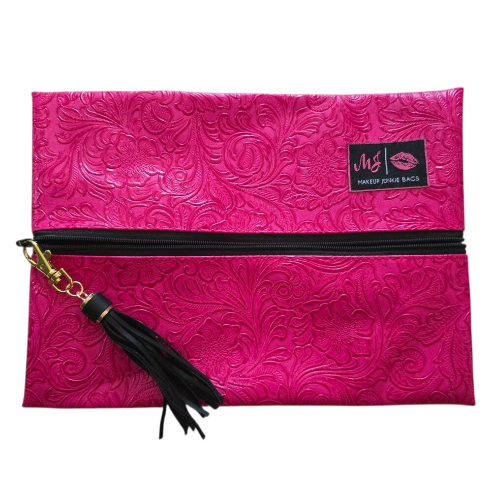 Makeup Junkie Python Pink Makeup Bag Floral Tooled Embossed Tassle Zipper NWOT